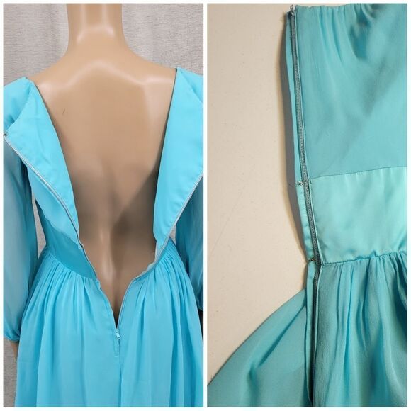 Vintage 60s Bright Blue Fairycore Midi Dress Corset Bodice Long Sleeves Chiffon - Picture 13 of 13